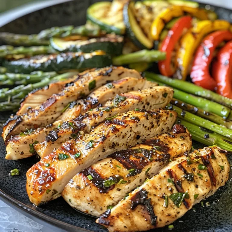 Close-up view of grilled garlic and herb chicken with vibrant vegetables.