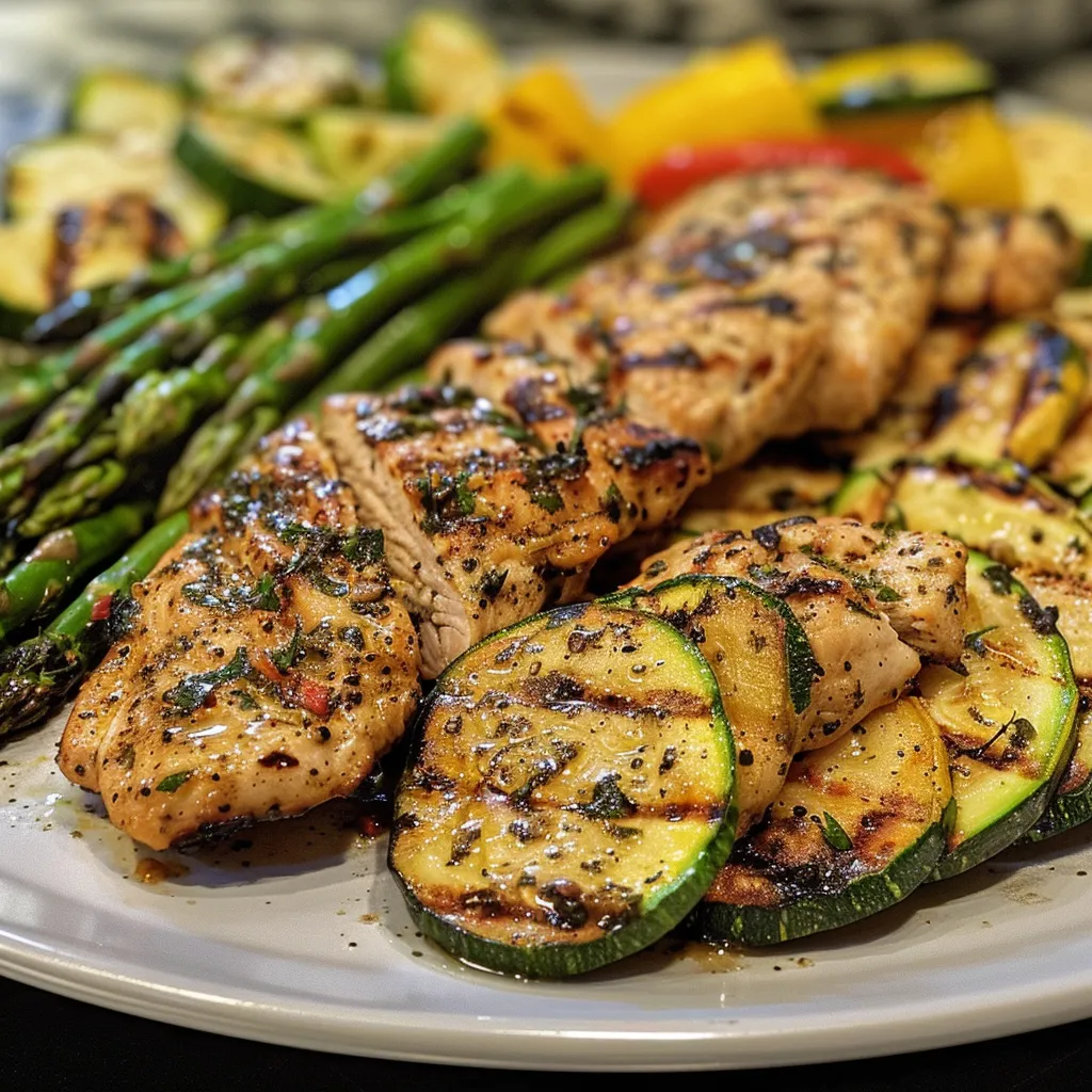 Juicy grilled chicken cutlets surrounded by colorful vegetables on a plate.