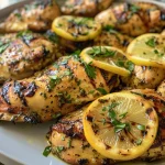 Close-up view of grilled lemon chicken, showcasing juicy meat glazed in lemon juice.