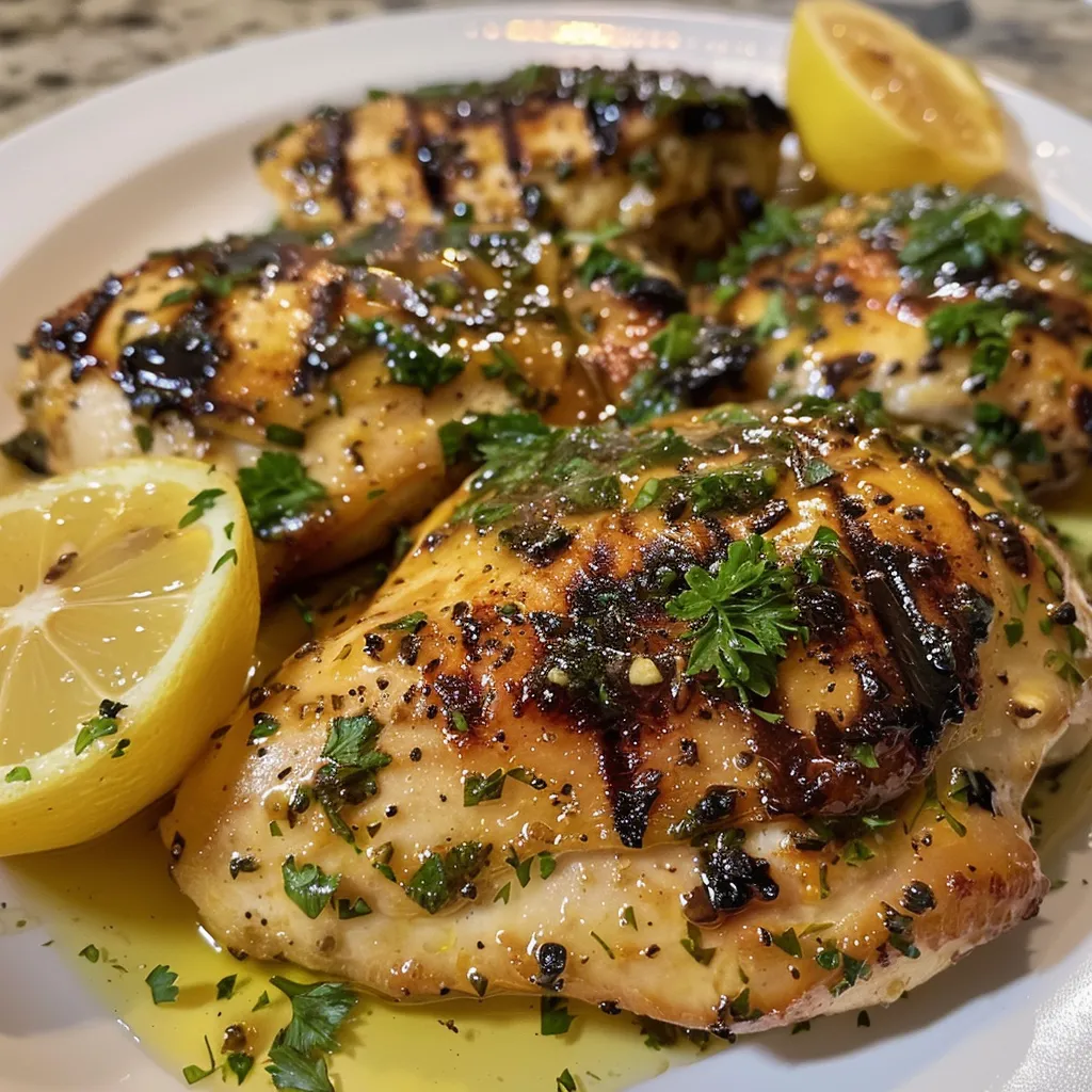 Side profile of succulent grilled lemon chicken, garnished with fresh parsley.
