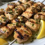 Close-up of juicy grilled lemon garlic chicken skewers garnished with lemon wedges.