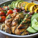 Close-up of a grilled lemon herb chicken bowl with quinoa and fresh vegetables.