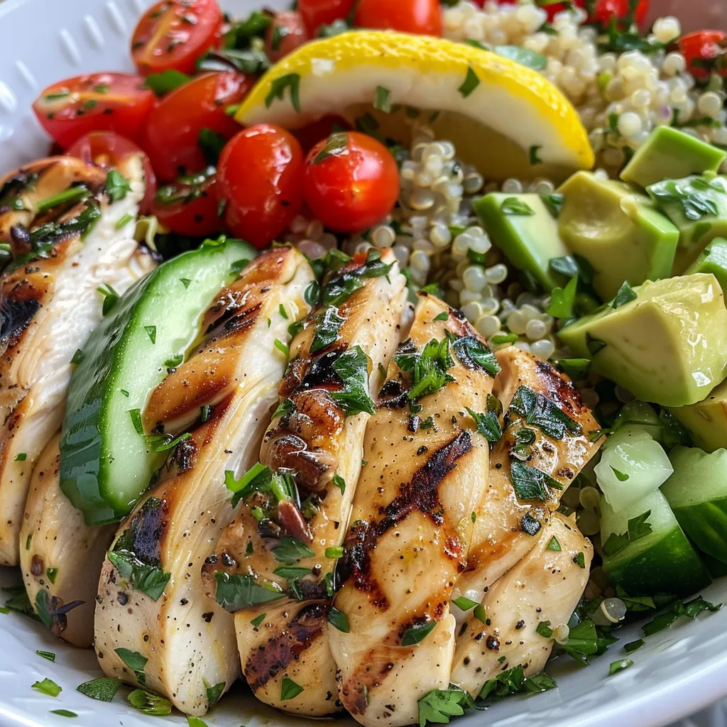 Juicy grilled chicken on a bed of quinoa, garnished with cherry tomatoes and avocado.