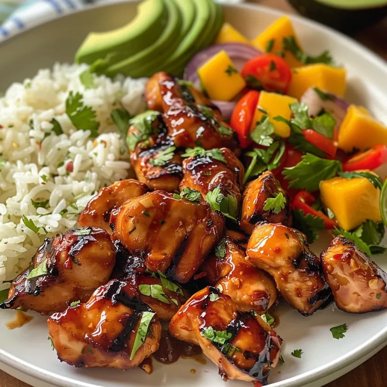 Chasing Summer Flavors Grilled Maple Sriracha Chicken Bites with Coconut Rice Mango Avocado Salsa A close-up view of grilled chicken bites glazed in maple sriracha on a bed of coconut rice with vibrant mango avocado salsa.