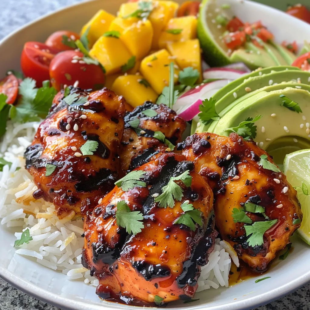 Juicy grilled chicken pieces marinated in a spicy maple sauce, served alongside fluffy coconut rice and fresh salsa.
