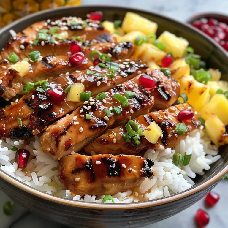 A close-up side view of a grilled teriyaki chicken bowl garnished with scallions and sesame seeds.