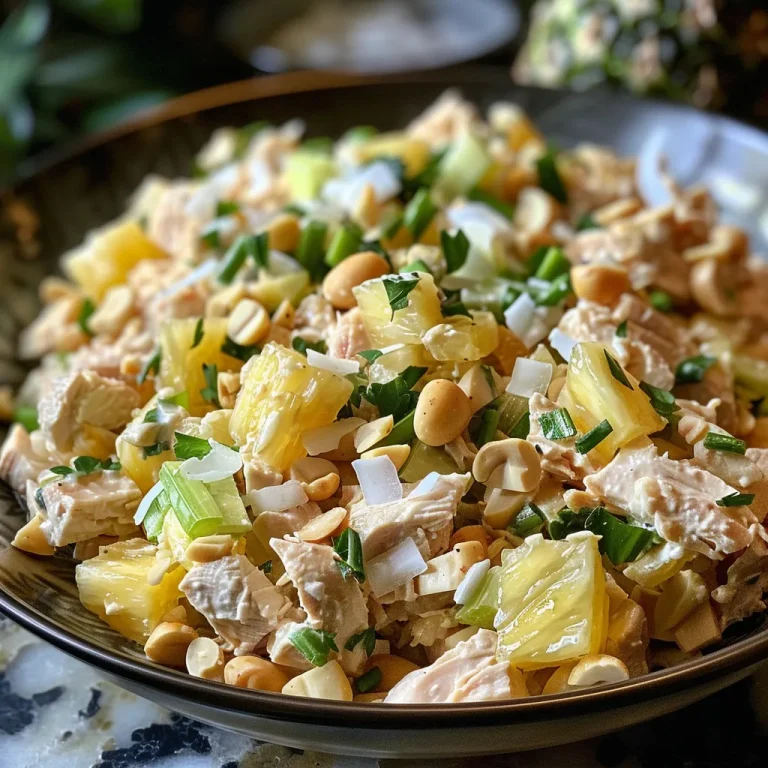 Close-up view of a colorful Hawaiian Chicken Salad featuring chicken, pineapple, and nuts.