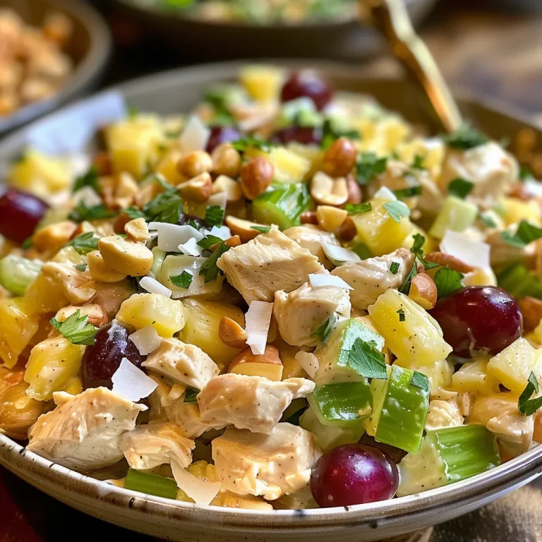 A Taste of the Tropics My Family s Hawaiian Chicken Salad Recipe Close-up view of a Hawaiian Chicken Salad featuring diced chicken, grapes, and toasted coconut.