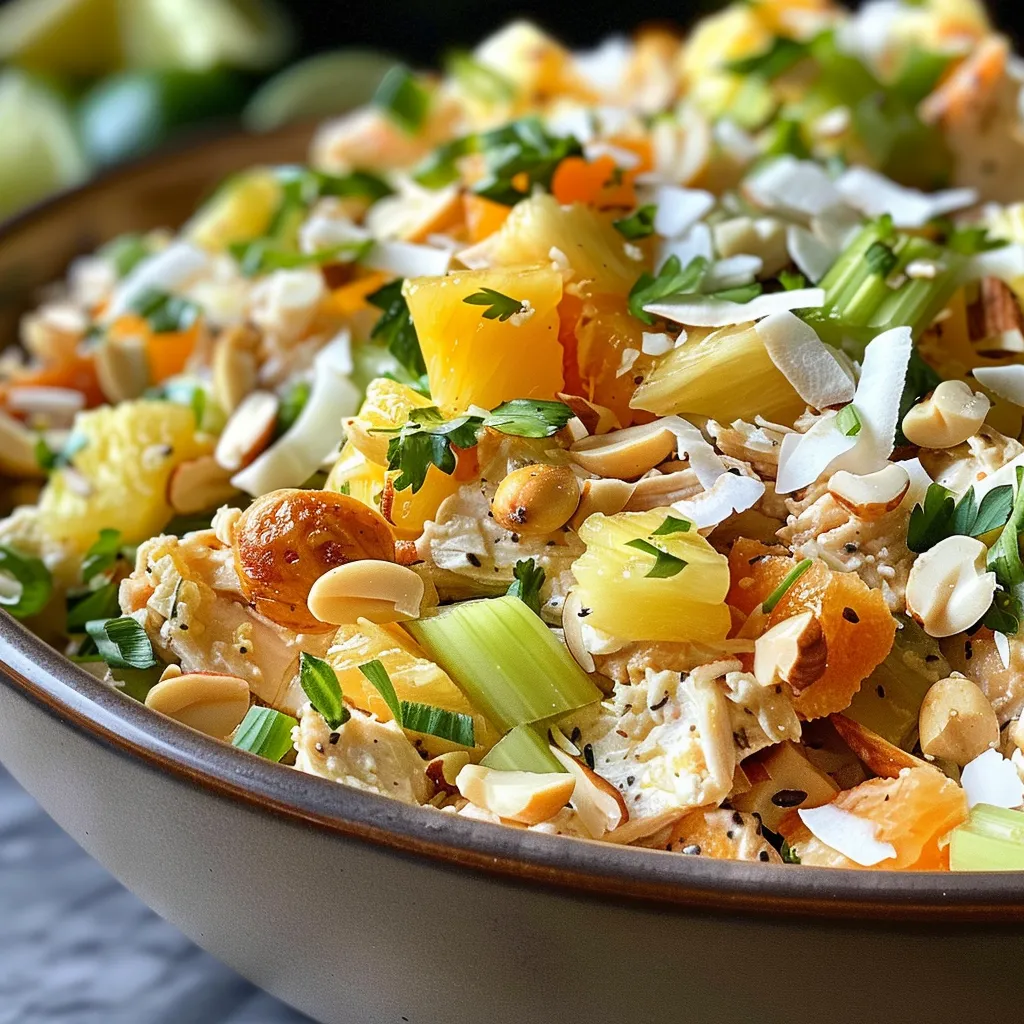 Side view of a vibrant Hawaiian Chicken Salad with fresh ingredients and textures.