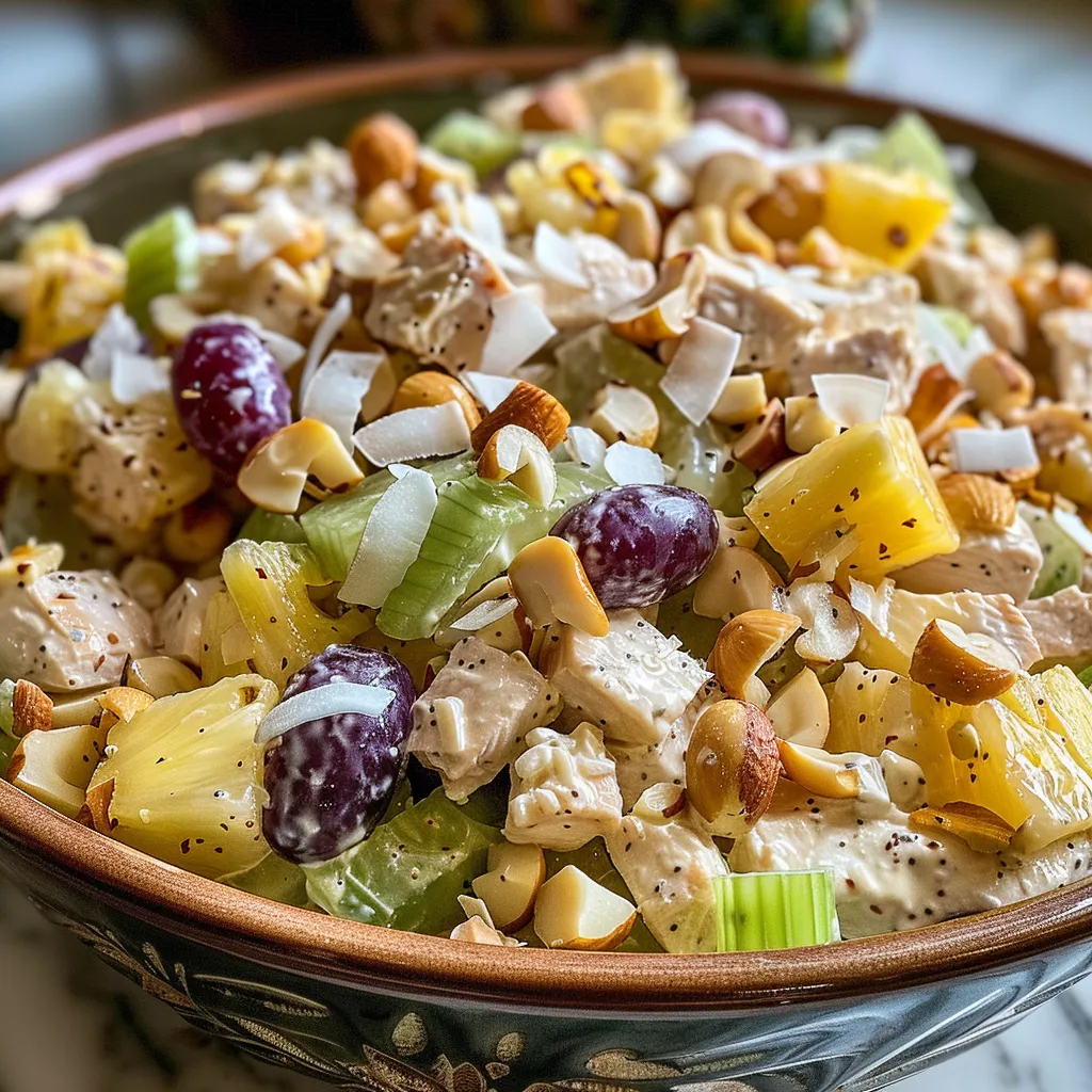 Colorful bowl of Hawaiian Chicken Salad with sliced celery, macadamia nuts, and pineapple chunks.