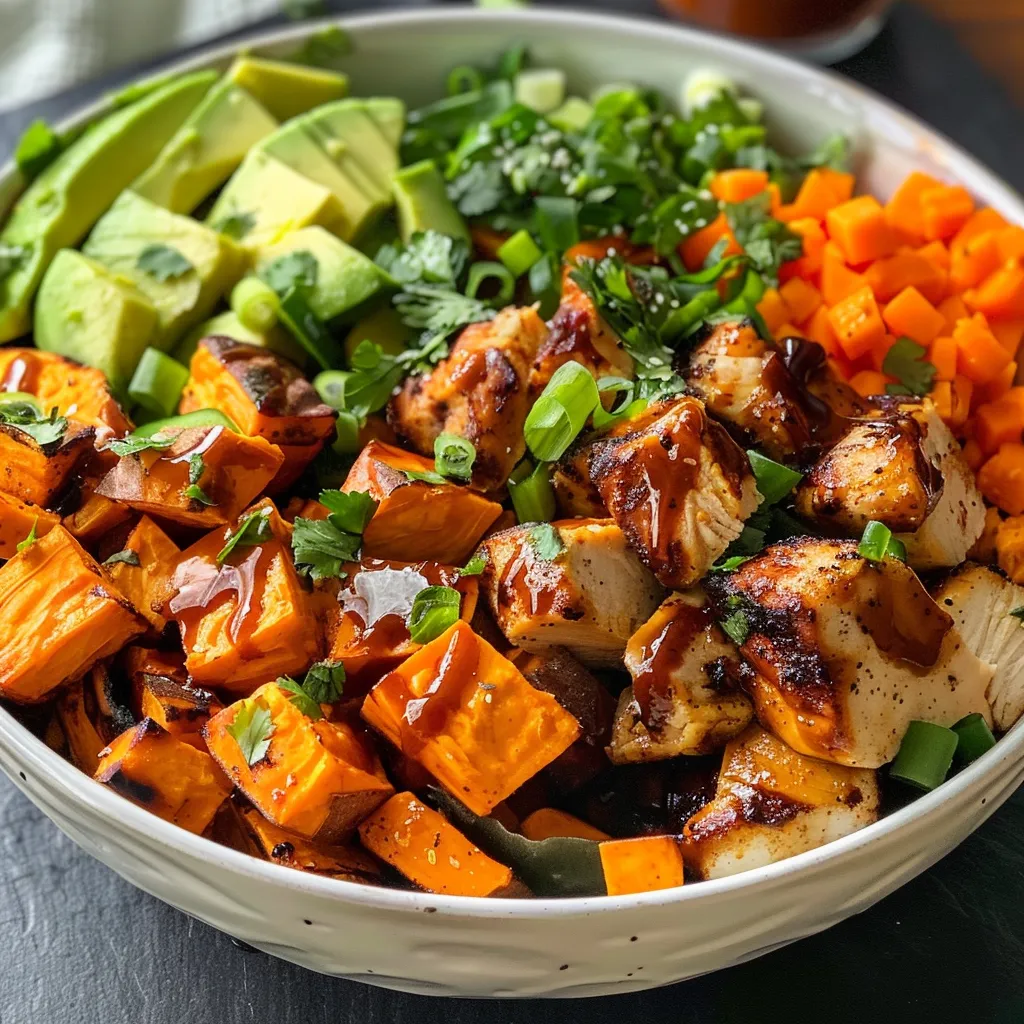 Close-up view of a Healthy BBQ Chicken Sweet Potato Bowl with layers of succulent chicken and garnished vegetables.