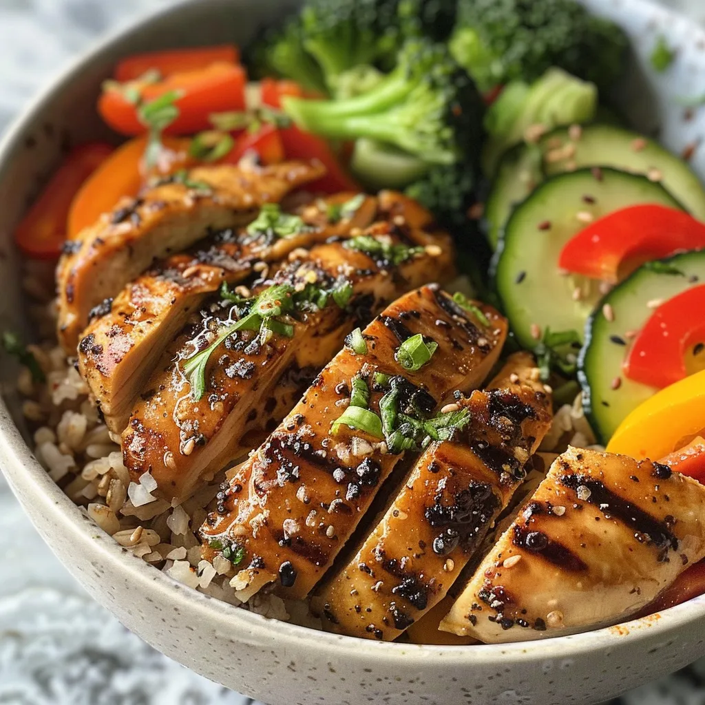 A vibrant chicken bowl with diced chicken breast, broccoli, bell peppers, and rice, presented in a bowl.