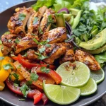 Close-up of a juicy chicken fajita with vibrant bell peppers and avocado.