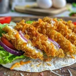 Close-up view of a Healthy Crispy Chicken Wrap filled with lettuce, tomatoes, and chicken strips.