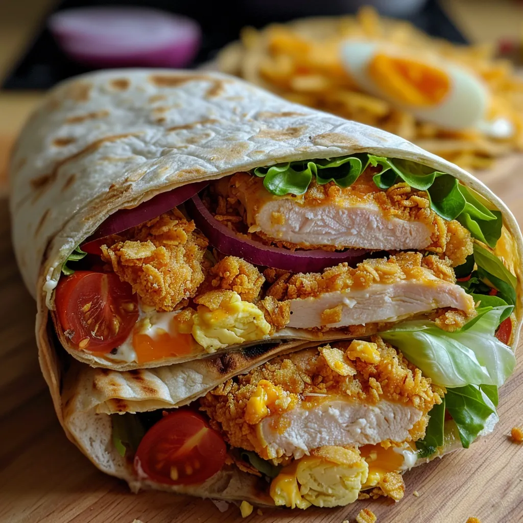 Side angle of a delicious Healthy Crispy Chicken Wrap showcasing its fresh ingredients.
