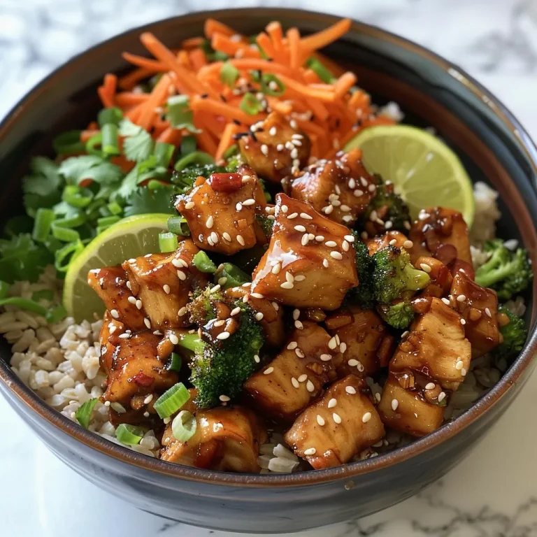 Close-up view of Healthy Sticky Chicken Bowls featuring chicken, rice, and fresh vegetables.