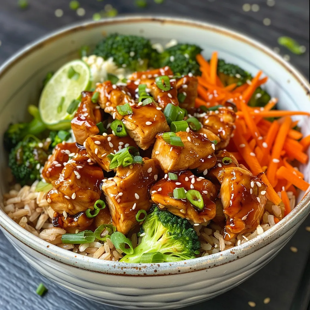 Side view of Healthy Sticky Chicken Bowl featuring chicken, broccoli, and carrot slices.