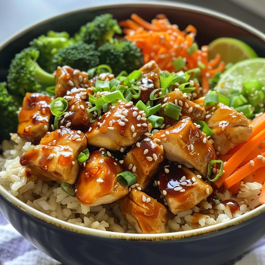 A vibrant bowl of Healthy Sticky Chicken with broccoli, carrots, and garnishes.