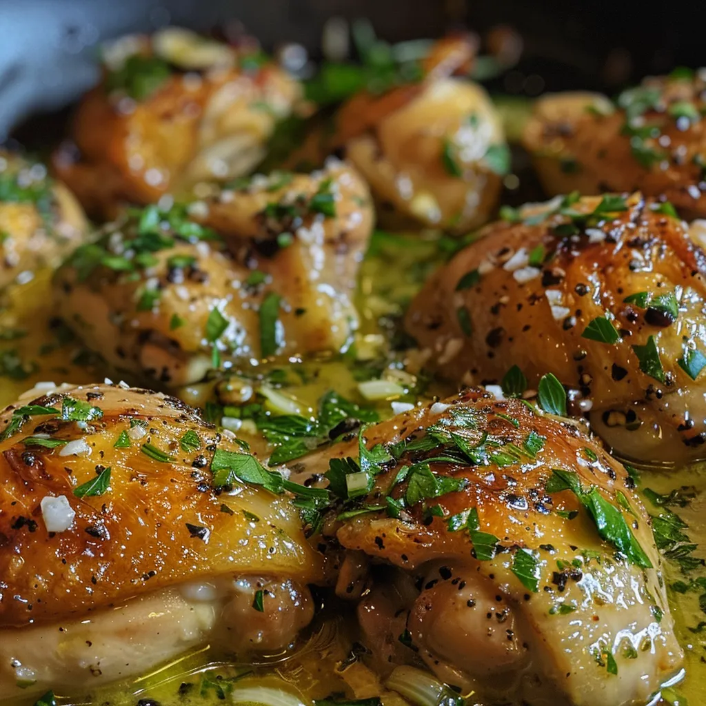 Close-up of crispy chicken thighs, topped with garlic and parsley, on a dark plate.