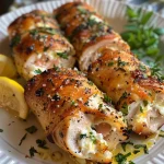 Close-up side view of Herbed Ricotta Stuffed Chicken Rolls garnished with herbs.