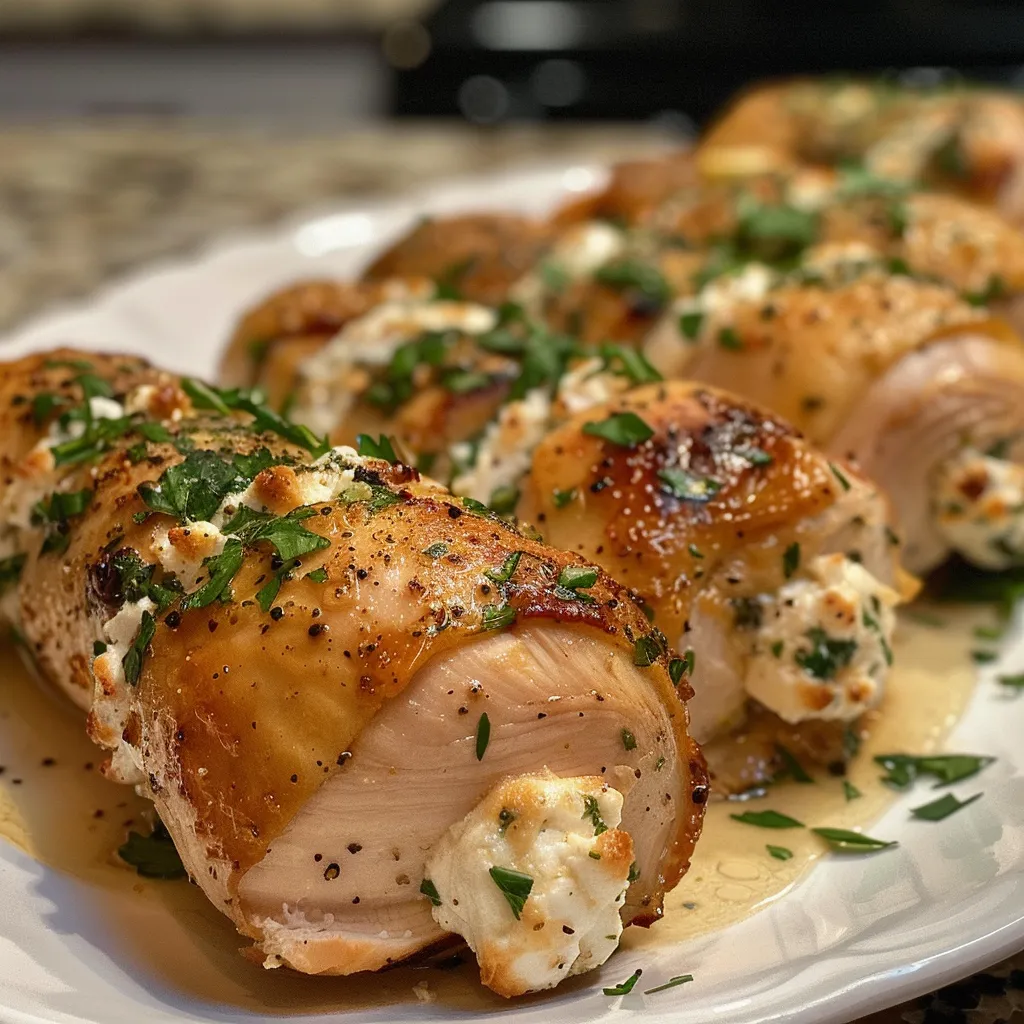Close-up of sliced chicken rolls stuffed with ricotta and herbs.