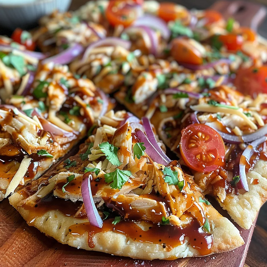 Close-up of a high protein BBQ chicken flatbread garnished with fresh cilantro.