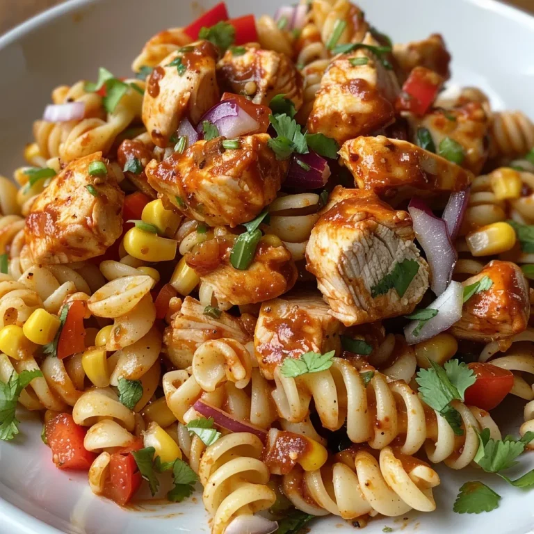 Close-up view of a vibrant high-protein BBQ chicken pasta salad with mixed ingredients.