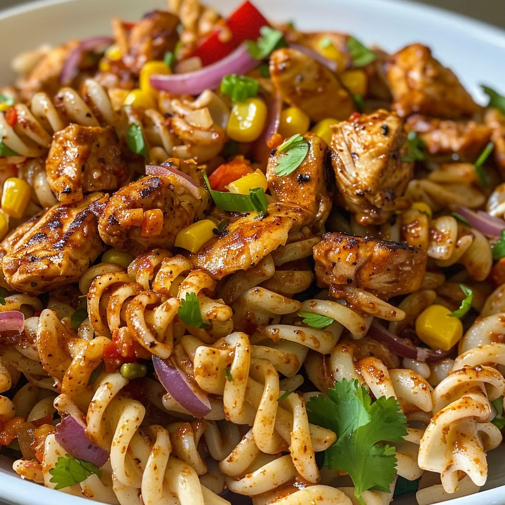 A colorful bowl of BBQ chicken pasta salad featuring diced chicken, vegetables, and pasta.