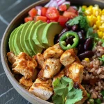 Close-up of a vibrant high-protein chicken burrito bowl with colorful ingredients.