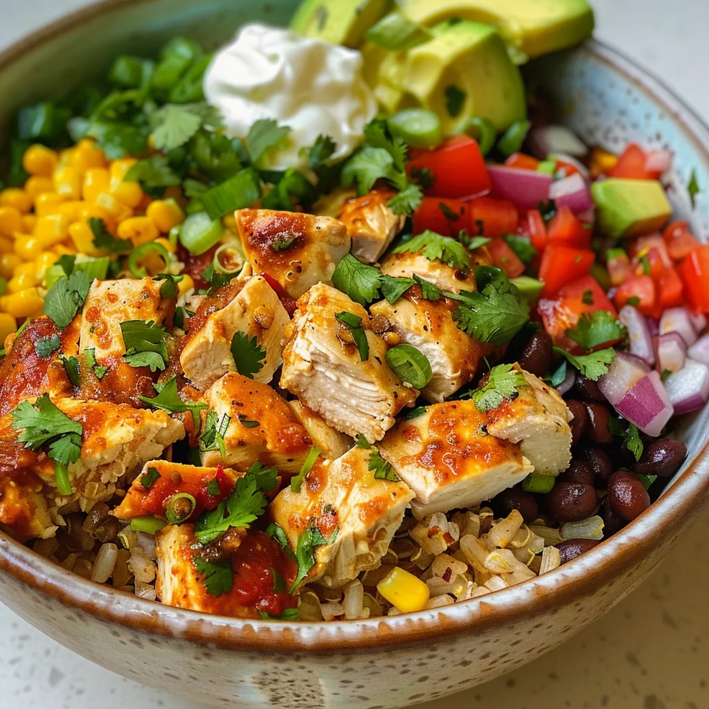 Side view of a delicious high-protein chicken burrito bowl featuring chicken, beans, and avocado.