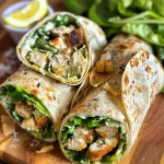 Close-up view of a juicy High Protein Chicken Caesar Wrap with ingredients visible.