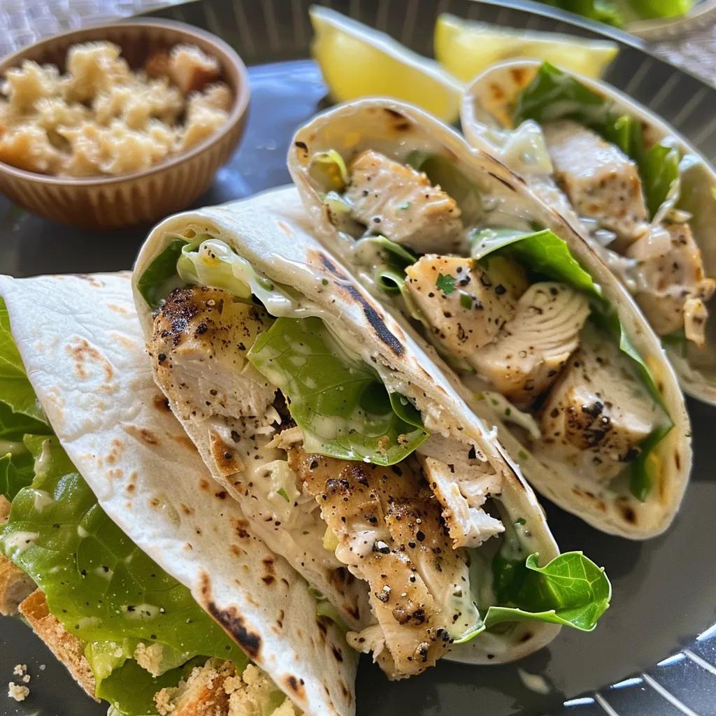 Side view of a delicious Chicken Caesar Wrap filled with romaine lettuce and chicken.