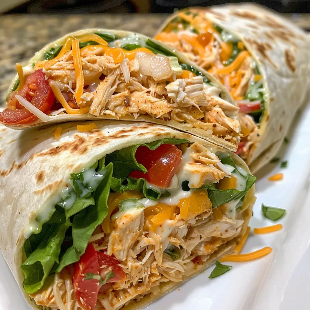 Side view of a juicy chicken crunch wrap filled with lettuce, tomatoes, cheese, and yogurt.