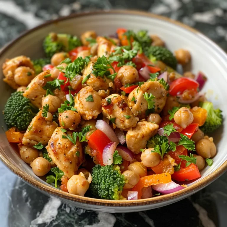 Juicy diced chicken breast with mixed vegetables and chickpeas on a plate.