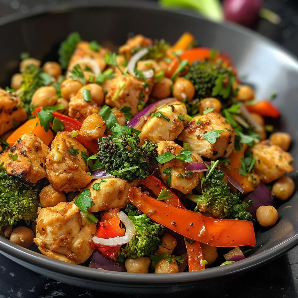 Close-up shot of high-protein chicken dish featuring vibrant vegetables.