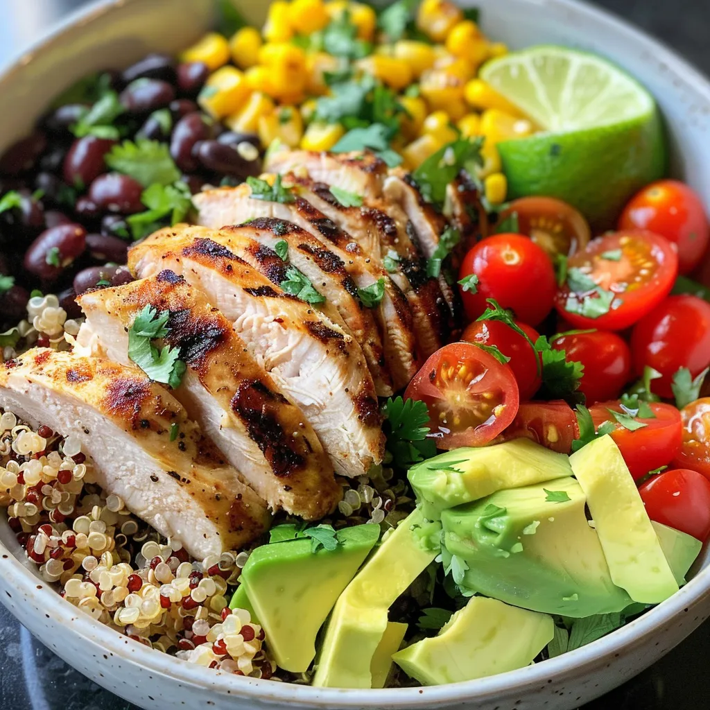 Vibrant quinoa bowl featuring grilled chicken, black beans, corn, and avocado from a side angle.