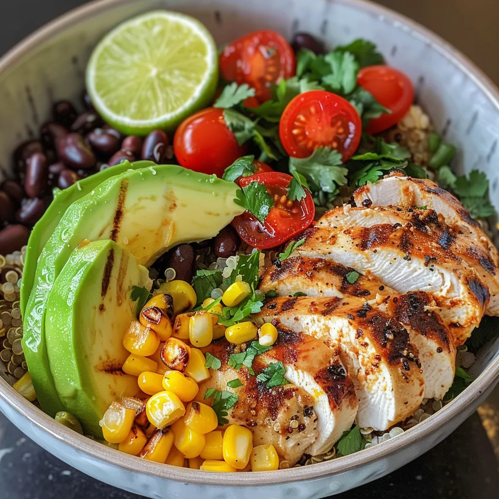 Side view of a nutritious Chicken Quinoa Bowl featuring grilled chicken, quinoa, and fresh toppings.
