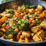 Close-up of a dish featuring juicy high-protein chicken with chickpeas and mixed vegetables.