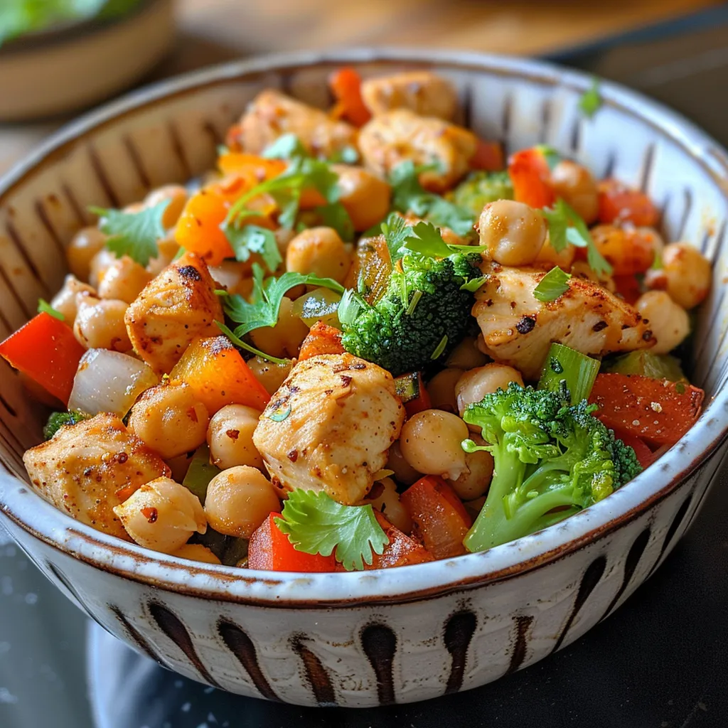Side view of a colorful high-protein chicken recipe, showcasing pieces of chicken and vibrant veggies.