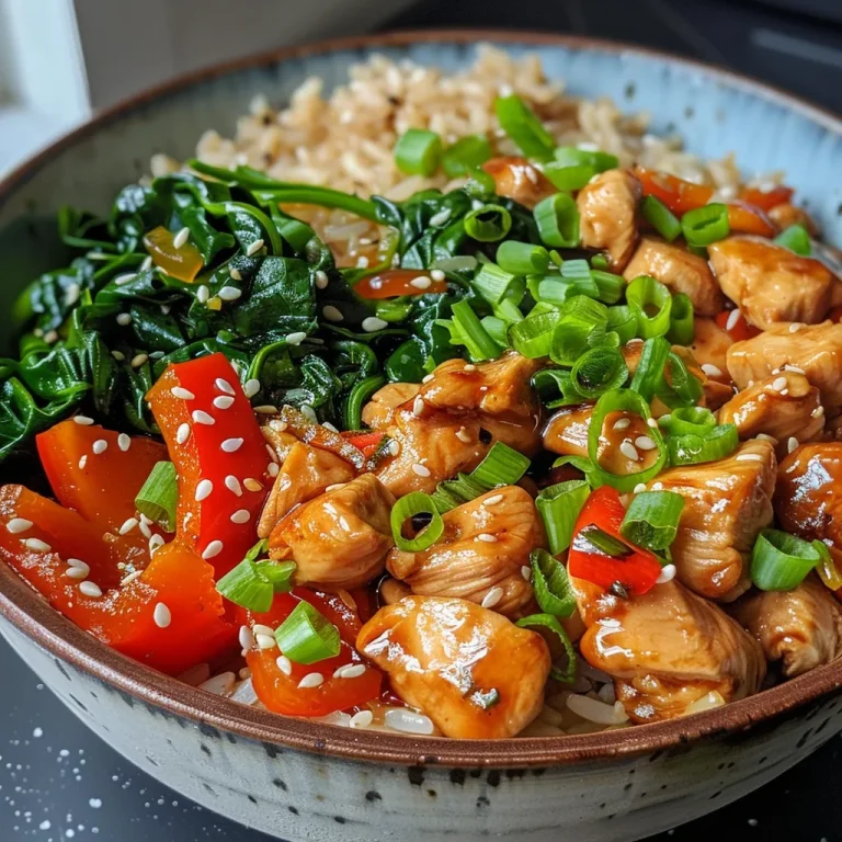 Close-up of a high protein chicken rice bowl with colorful vegetables.