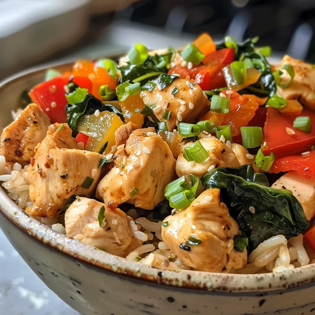Side view of a nutritious chicken rice bowl featuring diced chicken and fresh spinach.