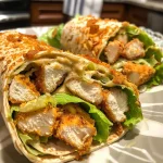 Close-up of a high protein chicken wrap filled with crispy chicken, lettuce, and cheese.