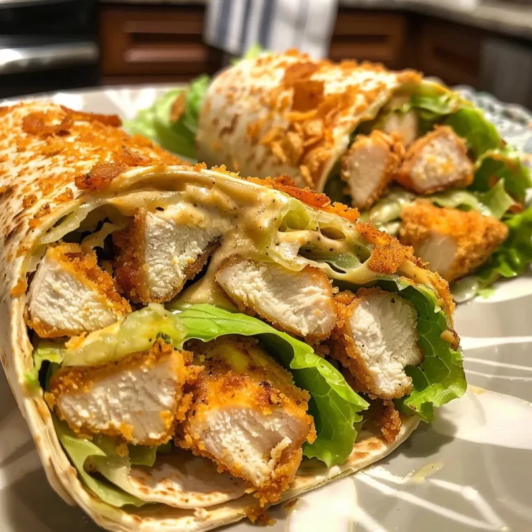 Close-up of a high protein chicken wrap filled with crispy chicken, lettuce, and cheese.