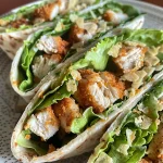 Close-up view of a high protein chicken wrap filled with lettuce and chicken chunks.