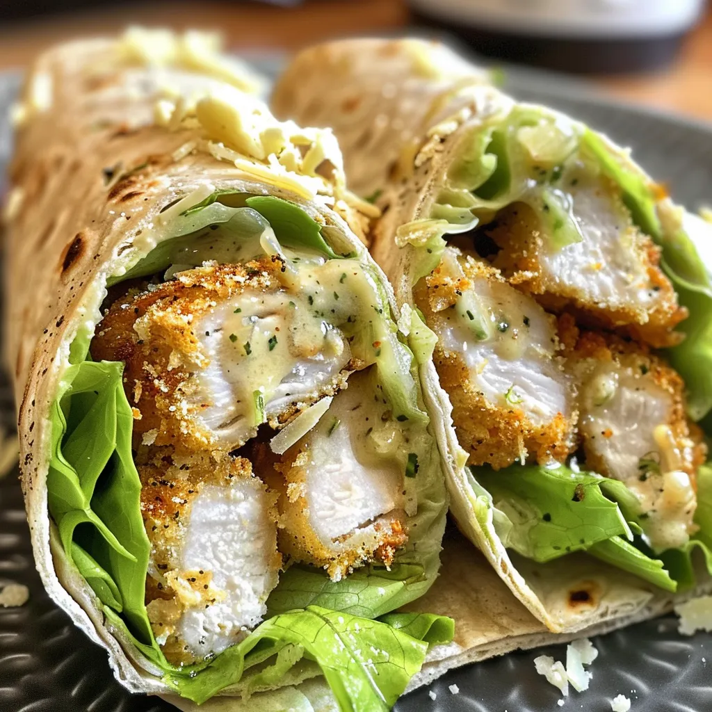 Side angle of a juicy chicken wrap showcasing fresh lettuce and cheese.