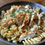 A close-up view of high protein garlic parmesan pasta bowls with grilled chicken and herbs.