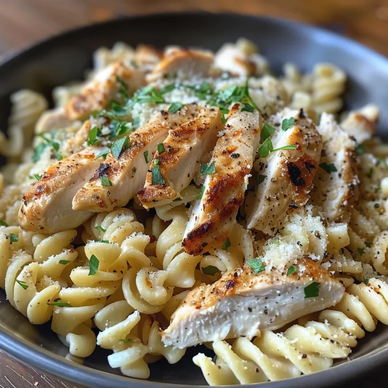 A close-up view of high protein garlic parmesan pasta bowls with grilled chicken and herbs.