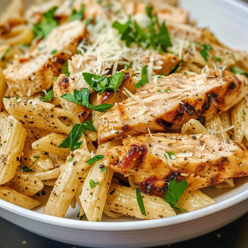 Side view of a delicious pasta bowl featuring high-protein pasta, garlic, and parmesan.