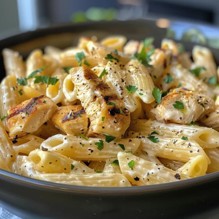 Close-up view of a bowl of high protein garlic parmesan pasta with grilled chicken and herbs.