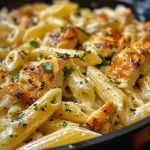 A close-up view of a bowl filled with high protein garlic parmesan pasta, featuring grilled chicken slices on top.